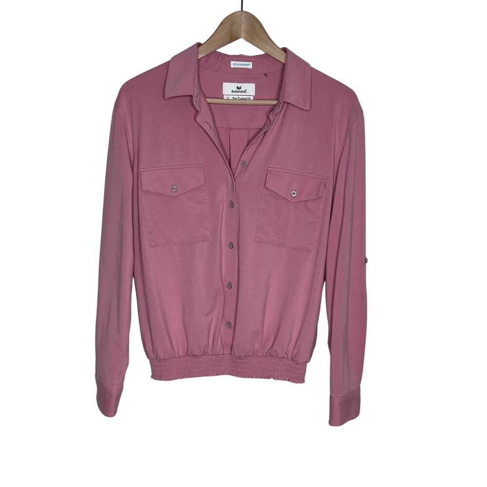 Buttercloth Icy Cotton Pink Pre-Tucked Button Front Blouse Top Large